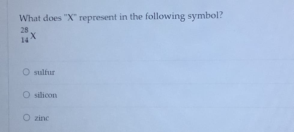 What does "X" represent in the following symbol?
28
14
O sulfur
O silicon
zinc
