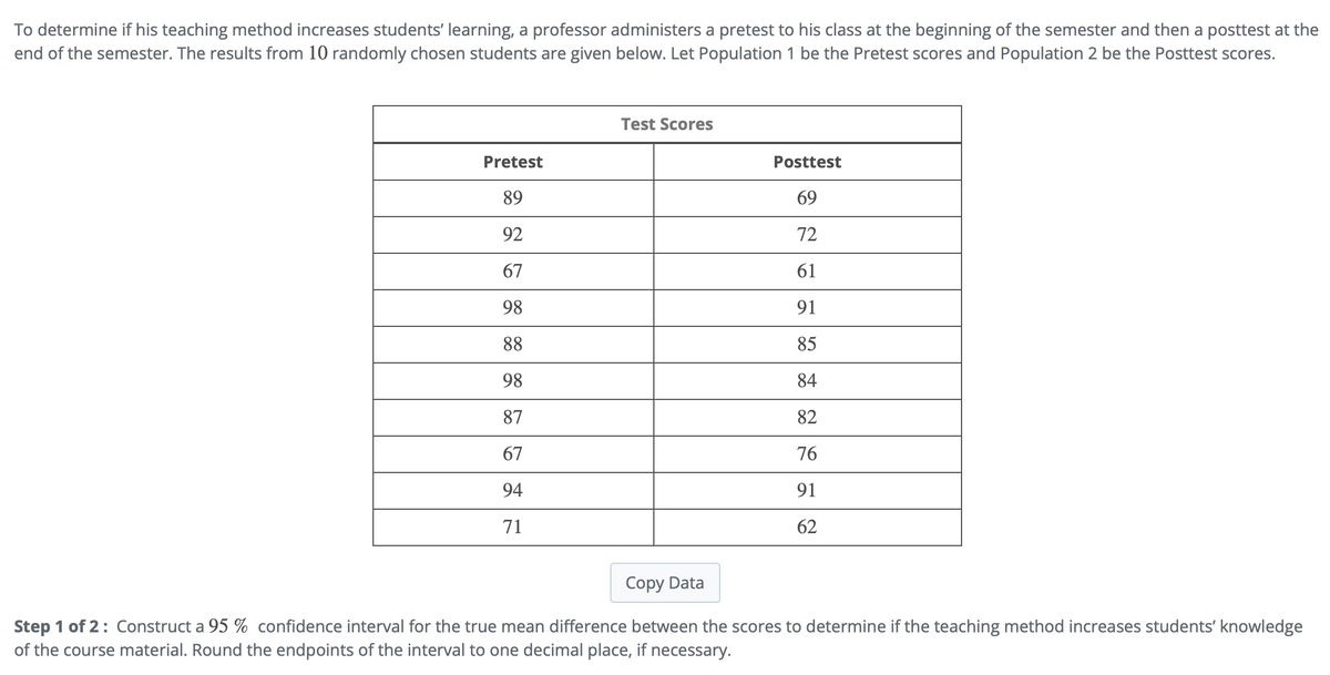 To determine if his teaching method increases students' learning, a professor administers a pretest to his class at the beginning of the semester and then a posttest at the
end of the semester. The results from 10 randomly chosen students are given below. Let Population 1 be the Pretest scores and Population 2 be the Posttest scores.
Pretest
89
92
67
98
88
98
87
67
94
71
Test Scores
Posttest
69
72
61
91
85
84
82
76
91
62
Copy Data
Step 1 of 2: Construct a 95% confidence interval for the true mean difference between the scores to determine if the teaching method increases students' knowledge
of the course material. Round the endpoints of the interval to one decimal place, if necessary.