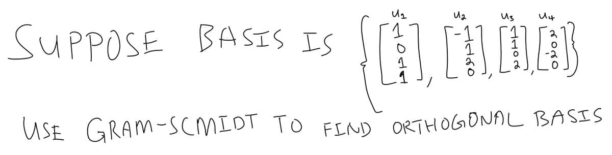 U₂
U12
Из
U4
föl, Ööß
[1
USE GRAM-SCMIDT TO FIND ORTHOGONAL BASIS
SUPPOSE BASIS IS