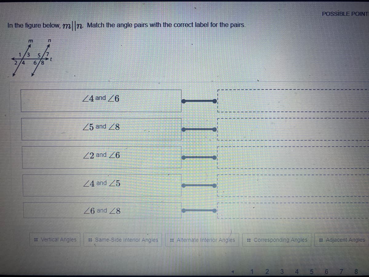 POSSIBLE POINTS
In the figure below, mn Match the angle pairs with the correct label for the pairs.
1/3
5
2/4
6/8
24 and /6
25 and 28
22 and 26
24 and 25
6 and 28
: Vertical Angles
:: Same-Side Interior Angles
:: Alternate Interior Angles
:: Corresponding Angles
:Adjacent Angles
2 3
4.
5 6 7 8
III
