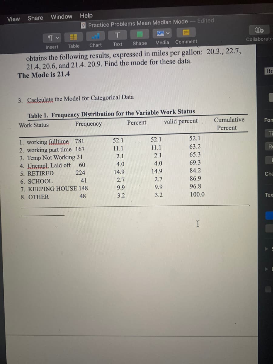 View
Share
Window Help
7Practice Problems Mean Median Mode - Edited
Table
Chart
Text
Shape
Media
Comment
Collaborate
Insert
obtains the following results, expressed in miles per gallon: 20.3., 22.7,
21.4, 20.6, and 21.4. 20.9. Find the mode for these data.
The Mode is 21.4
BC
3. Caclculate the Model for Categorical Data
Table 1. Frequency Distribution for the Variable Work Status
valid percent
Work Status
Frequency
Percent
Cumulative
Fon
Percent
Ti
1. working fulltime 781
2. working part time 167
3. Temp Not Working 31
4. Unempl, Laid off
5. RETIRED
52.1
52.1
52.1
11.1
11.1
63.2
Re
2.1
2.1
65.3
60
4.0
4.0
69.3
224
14.9
14.9
84.2
Cha
6. SCHOOL
41
2.7
2.7
86.9
7. KEEPING HOUSE 148
9.9
9.9
96.8
8. OTHER
48
3.2
3.2
100.0
Tex
