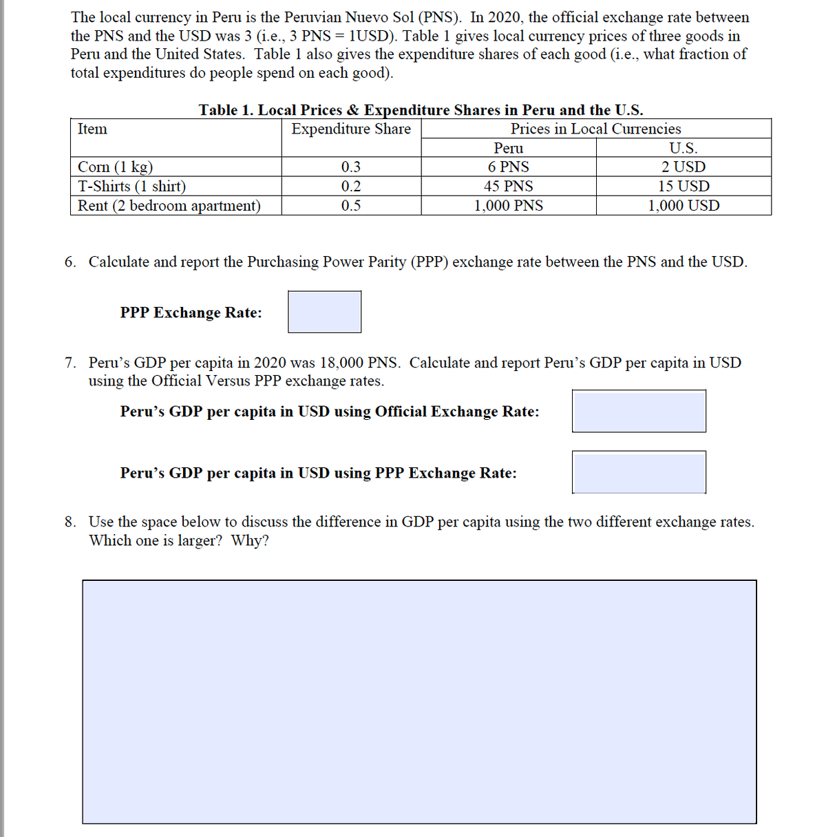 The local currency in Peru is the Peruvian Nuevo Sol (PNS). In 2020, the official exchange rate between
the PNS and the USD was 3 (i.e., 3 PNS = 1USD). Table 1 gives local currency prices of three goods in
Peru and the United States. Table 1 also gives the expenditure shares of each good (i.e., what fraction of
total expenditures do people spend on each good).
Table 1. Local Prices & Expenditure Shares in Peru and the U.S.
Item
Expenditure Share
Prices in Local Currencies
Peru
U.S.
Corn (1 kg)
T-Shirts (1 shirt)
Rent (2 bedroom apartment)
0.3
6 PNS
2 USD
0.2
45 PNS
15 USD
0.5
1,000 PNS
1,000 USD
6. Calculate and report the Purchasing Power Parity (PPP) exchange rate between the PNS and the USD.
PPP Exchange Rate:
7. Peru's GDP per capita in 2020 was 18,000 PNS. Calculate and report Peru's GDP per capita in USD
using the Official Versus PPP exchange rates.
Peru's GDP per capita in USD using Official Exchange Rate:
Peru's GDP per capita in USD using PPP Exchange Rate:
8. Use the space below to discuss the difference in GDP per capita using the two different exchange rates.
Which one is larger? Why?
