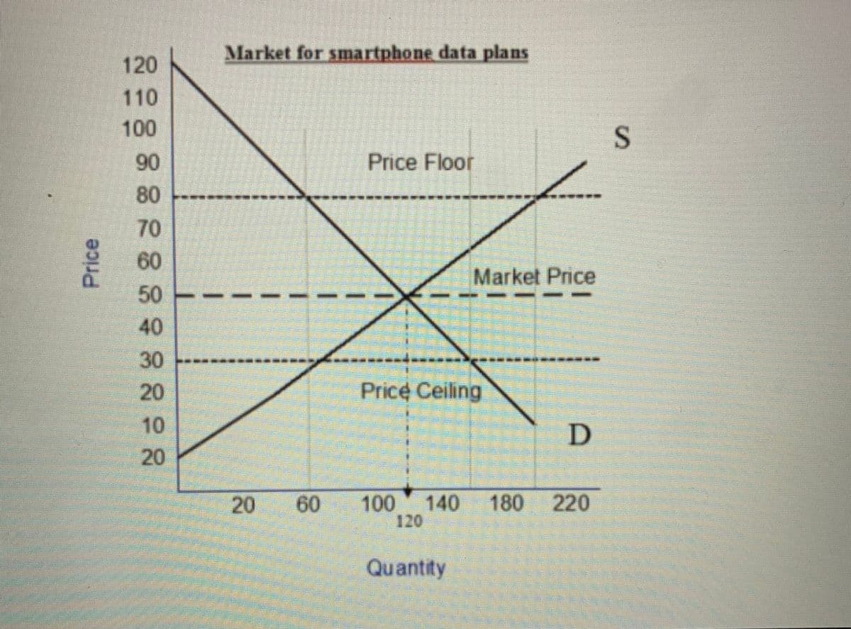 Market for smartphone data plans
120
110
100
90
Price Floor
80
70
60
Market Price
50
40
30
20
Price Ceiling
10
20
100
140
180 220
120
Quantity
60
20
Price
