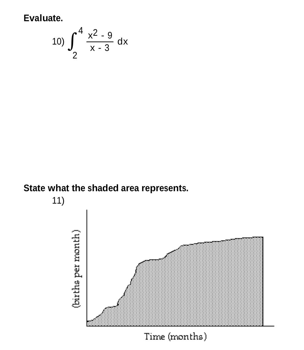 Evaluate.
4
x2 - 9
10)
dx
х - 3
2
State what the shaded area represents.
11)
Time (months)
(births per month)
