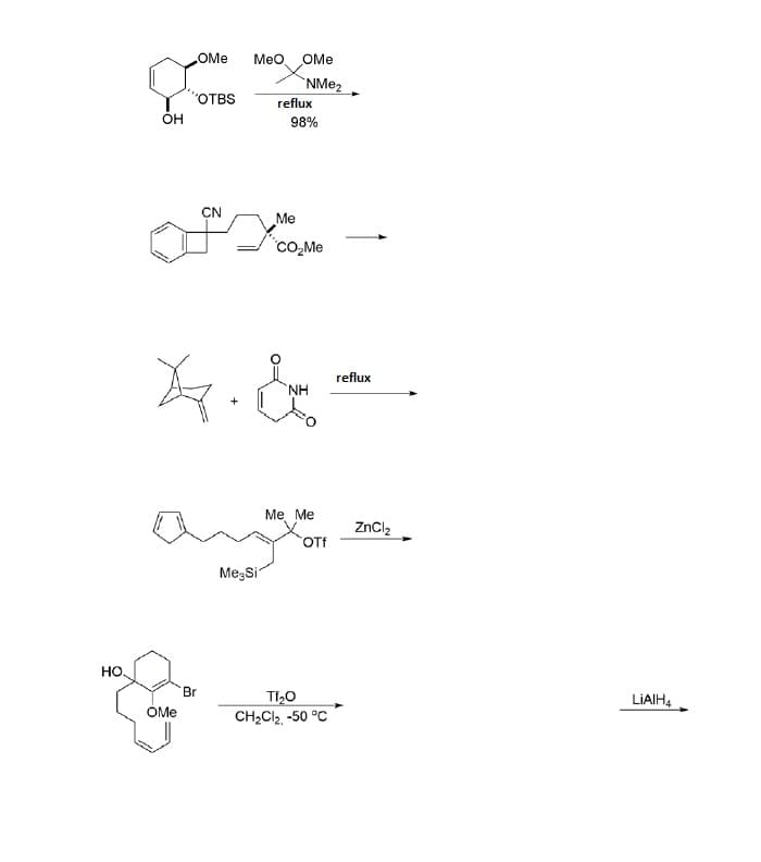 OMe
Мео
OMe
`NME2
OTBS
reflux
OH
98%
CN
Me
"CO,Me
reflux
NH
Me Me
ZnCl2
OTf
MeşSi
HO
Br
OMe
CH;Cl2 -50 °C
