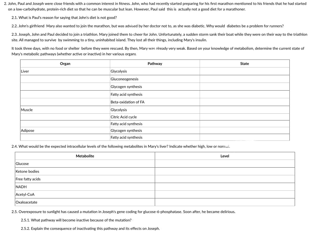 2. John, Paul and Joseph were close friends with a common interest in fitness. John, who had recently started preparing for his first marathon mentioned to his friends that he had started
on a low-carbohydrate, protein-rich diet so that he can be muscular but lean. However, Paul said this is actually not a good diet for a marathoner.
2.1. What is Paul's reason for saying that John's diet is not good?
2.2. John's girlfriend Mary also wanted to join the marathon, but was advised by her doctor not to, as she was diabetic. Why would diabetes be a problem for runners?
2.3. Joseph, John and Paul decided to join a triathlon. Mary joined them to cheer for John. Unfortunately, a sudden storm sank their boat while they were on their way to the triathlon
site. All managed to survive by swimming to a tiny, uninhabited island. They lost all their things, including Mary's insulin.
It took three days, with no food or shelter before they were rescued. By then, Mary was already very weak. Based on your knowledge of metabolism, determine the current state of
Mary's metabolic pathways (whether active or inactive) in her various organs.
Organ
Pathway
State
Liver
Glycolysis
Gluconeogenesis
Glycogen synthesis
Fatty acid synthesis
Beta-oxidation of FA
Muscle
Glycolysis
Citric Acid cycle
Fatty acid synthesis
Adipose
Glycogen synthesis
Fatty acid synthesis
2.4. What would be the expected intracellular levels of the following metabolites in Mary's liver? Indicate whether high, low or normal.
Metabolite
Level
Glucose
Ketone bodies
Free fatty acids
NADH
Acetyl-CoA
Oxaloacetate
2.5. Overexposure to sunlight has caused a mutation in Joseph's gene coding for glucose-6-phosphatase. Soon after, he became delirious.
2.5.1. What pathway will become inactive because of the mutation?
2.5.2. Explain the consequence of inactivating this pathway and its effects on Joseph.