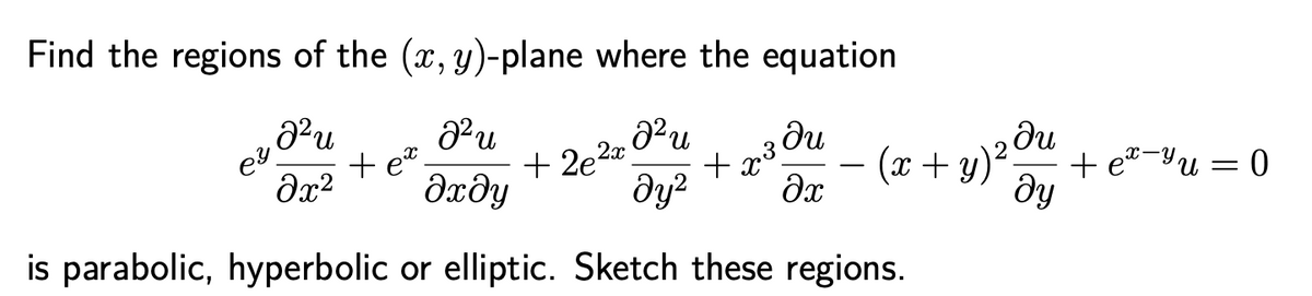 + x3
Find the regions of the (x, y)-plane where the equation
+ et
dxðy
+ 2e2".
ду?
- (x + y)²Ou
+ e*-Yu = 0
dy
x-y
Əx
is parabolic, hyperbolic or elliptic. Sketch these regions.
