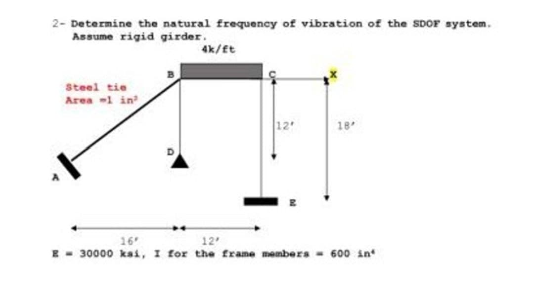 2- Determine the natural frequency of vibration of the SDOF system.
Assume rigid girder.
4k/ft
Steel tie
Area -1 in
12'
18
12
30000 ksi, I for the frame members 600 in
16
