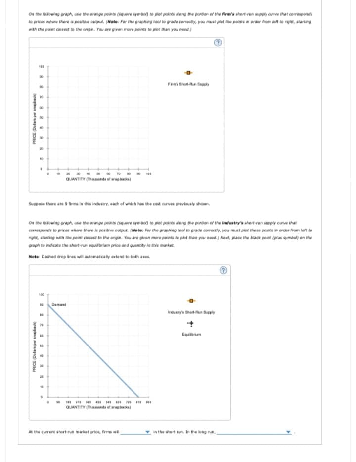 On the following graph, use the orange points (square symbol) to plot points along the portion of the firm's short-run supply curve that corresponds
to prices where there is positive output. (Note: For the graphing tool to grade correctly, you must plot the points in order from left to right, starting
with the point closest to the origin. You are given more points to plot than you need.)
100
90
8
00
PRICE Dolars per snapback
8
8
10
4
100
Suppose there are 9 firms in this industry, each of which has the cost curves previously shown.
=
On the following graph, use the orange points (square symbol) to plot points along the portion of the industry's short-run supply curve that
corresponds to prices where there is positive output. (Note: For the graphing tool to grade correctly, you must plot these points in order from left to
right, starting with the point closest to the origin. You are given more points to plot than you need.) Next, place the black point (plus symbol) on the
graph to indicate the short-run equilibrium price and quantity in this market.
Note: Dashed drop lines will automatically extend to both axes.
a
PRICE (Dolars per pack
2
70
60
50
20
4 10
18
0
QUANTITY (Thousands of spac
4
Demand
Fim's Short-Run Supply
90 183 278 360 453 543 423 728 813 900
QUANTITY (Thousands of snapback
At the current short-run market price, firms will
Industry's Short-Run Supply
Equilibrium
in the short run. In the long run,