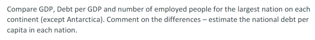 Compare GDP, Debt per GDP and number of employed people for the largest nation on each
continent (except Antarctica). Comment on the differences - estimate the national debt per
capita in each nation.