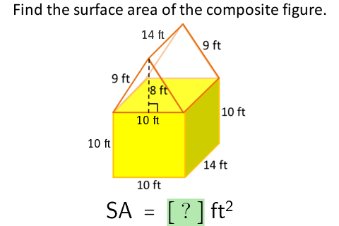 Find the surface area of the composite figure.
14 ft
9 ft
9 ft,
8 ft
고
10 ft
10 ft
10 ft
14 ft
10 ft
SA
[?] ft?
