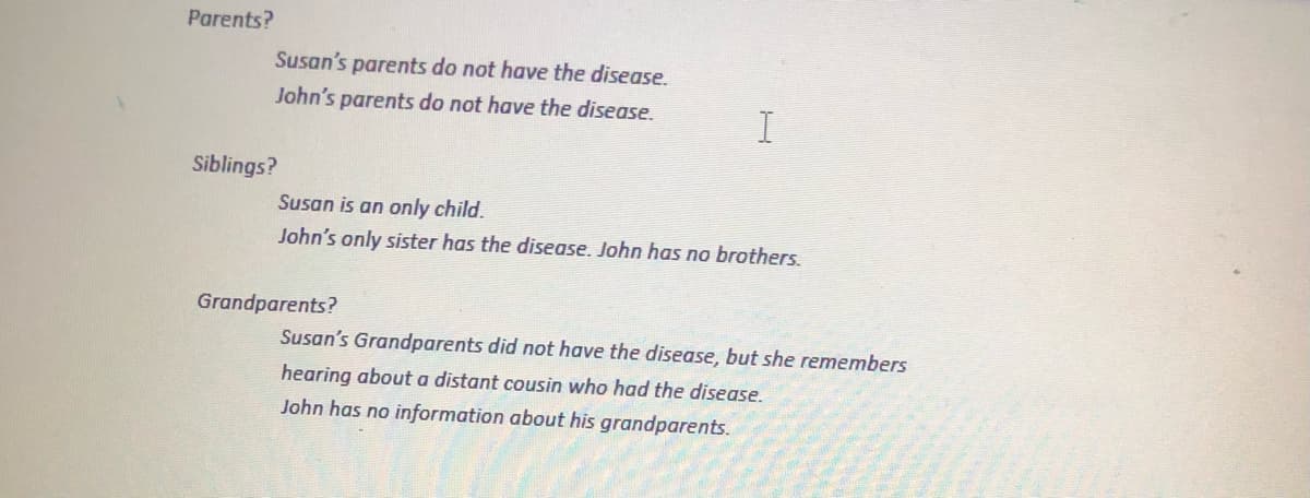 Parents?
Susan's parents do not have the disease.
John's parents do not have the disease.
I
Siblings?
Susan is an only child.
John's only sister has the disease. John has no brothers.
Grandparents?
Susan's Grandparents did not have the disease, but she remembers
hearing about a distant cousin who had the disease.
John has no information about his grandparents.
