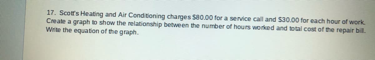 17. Scott's Heating and Air Conditioning charges $80.00 for a service call and $30.00 for each hour of work.
Create a graph to show the relationship between the number of hours worked and total cost of the repair bill.
Write the equation of the graph.
