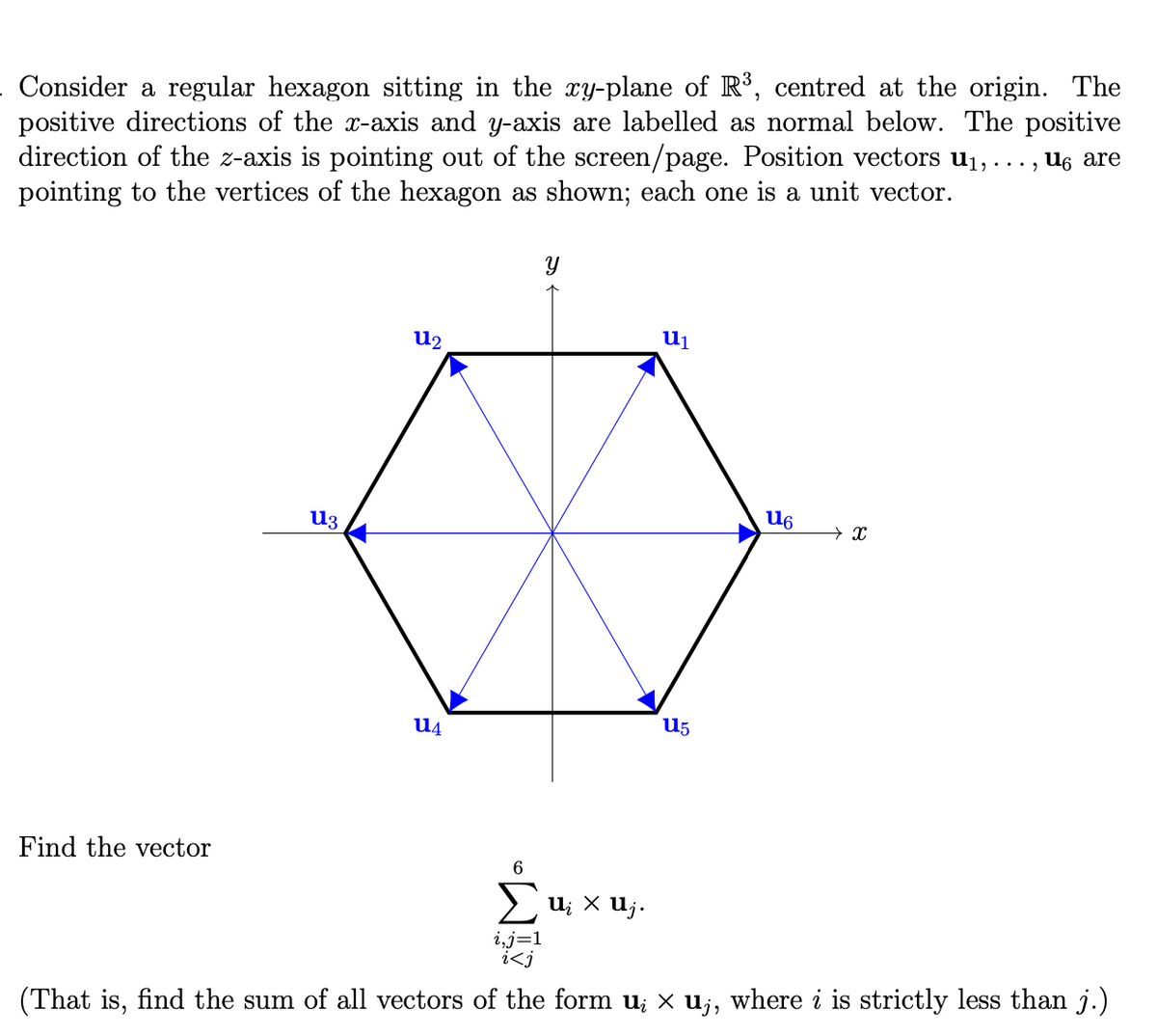 Consider a regular hexagon sitting in the xy-plane of R°, centred at the origin. The
positive directions of the x-axis and y-axis are labelled as normal below. The positive
direction of the z-axis is pointing out of the screen/page. Position vectors u1,..., U6 are
pointing to the vertices of the hexagon as shown; each one is a unit vector.
U2
U1
U3
U6
U4
U5
Find the vector
> u; x u;.
i,j=1
i<j
(That is, find the sum of all vectors of the form u; x u;, where i is strictly less than j.)
