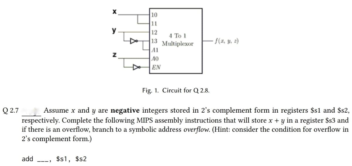 10
11
y
12
4 To 1
f(1, y, 2)
13
Multiplexor
A1
A0
Do
EN
Fig. 1. Circuit for Q 2.8.
Q 2.7
respectively. Complete the following MIPS assembly instructions that will store x + y in a register $s3 and
if there is an overflow, branch to a symbolic address overflow. (Hint: consider the condition for overflow in
2's complement form.)
Assume x and
y are negative integers stored in 2's complement form in registers $s1 and $s2,
add
$s1,
$s2
