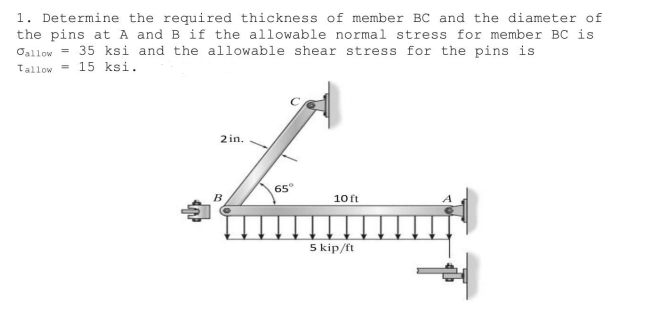 1. Determine the required thickness of member BC and the diameter of
the pins at A and B if the allowable normal stress for member BC is
Oallow = 35 ksi and the allowable shear stress for the pins is
Tallow = 15 ksi.
2 in.
65°
10 ft
5 kip/ft
