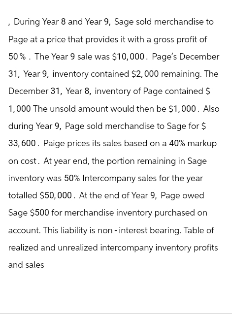 , During Year 8 and Year 9, Sage sold merchandise to
Page at a price that provides it with a gross profit of
50%. The Year 9 sale was $10,000. Page's December
31, Year 9, inventory contained $2,000 remaining. The
December 31, Year 8, inventory of Page contained $
1,000 The unsold amount would then be $1,000. Also
during Year 9, Page sold merchandise to Sage for $
33,600. Paige prices its sales based on a 40% markup
on cost. At year end, the portion remaining in Sage
inventory was 50% Intercompany sales for the year
totalled $50,000. At the end of Year 9, Page owed
Sage $500 for merchandise inventory purchased on
account. This liability is non-interest bearing. Table of
realized and unrealized intercompany inventory profits
and sales