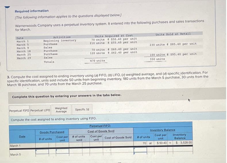 Required information
[The following information applies to the questions displayed below.]
Warnerwoods Company uses a perpetual inventory system. It entered into the following purchases and sales transactions
for March.
Date
March 1
Units Acquired at Cost
70 units
Units Sold at Retail
March 5.
Activities
Beginning inventory
Purchase
$50.40 per unit
210 units
$55.40 per unit
March 9
Sales
230 units $85.40 per unit
March 18:
March 25
March 29
Purchase
Purchase
Sales
70 units
120 units
$60.40 per unit
$62.40 per unit
Totals
470 units
100 units $95.40 per unit
330 units
3. Compute the cost assigned to ending inventory using (a) FIFO, (b) LIFO, (c) weighted average, and (d) specific identification. For
specific identification, units sold include 50 units from beginning inventory, 180 units from the March 5 purchase, 30 units from the
March 18 purchase, and 70 units from the March 25 purchase.
Complete this question by entering your answers in the tabs below.
Perpetual FIFO Perpetual LIFO
Weighted
Average
Specific Id
Compute the cost assigned to ending inventory using FIFO.
March 1
March 5
Goods Purchased
Perpetual FIFO:
Cost of Goods Sold
Date
# of units
Cost per
unit
# of units
sold
Cost per
unit
Cost of Goods Sold
# of units
Inventory Balance
Cost per Inventory
unit
70 at
Balance
$50.40=
$ 3,528.00