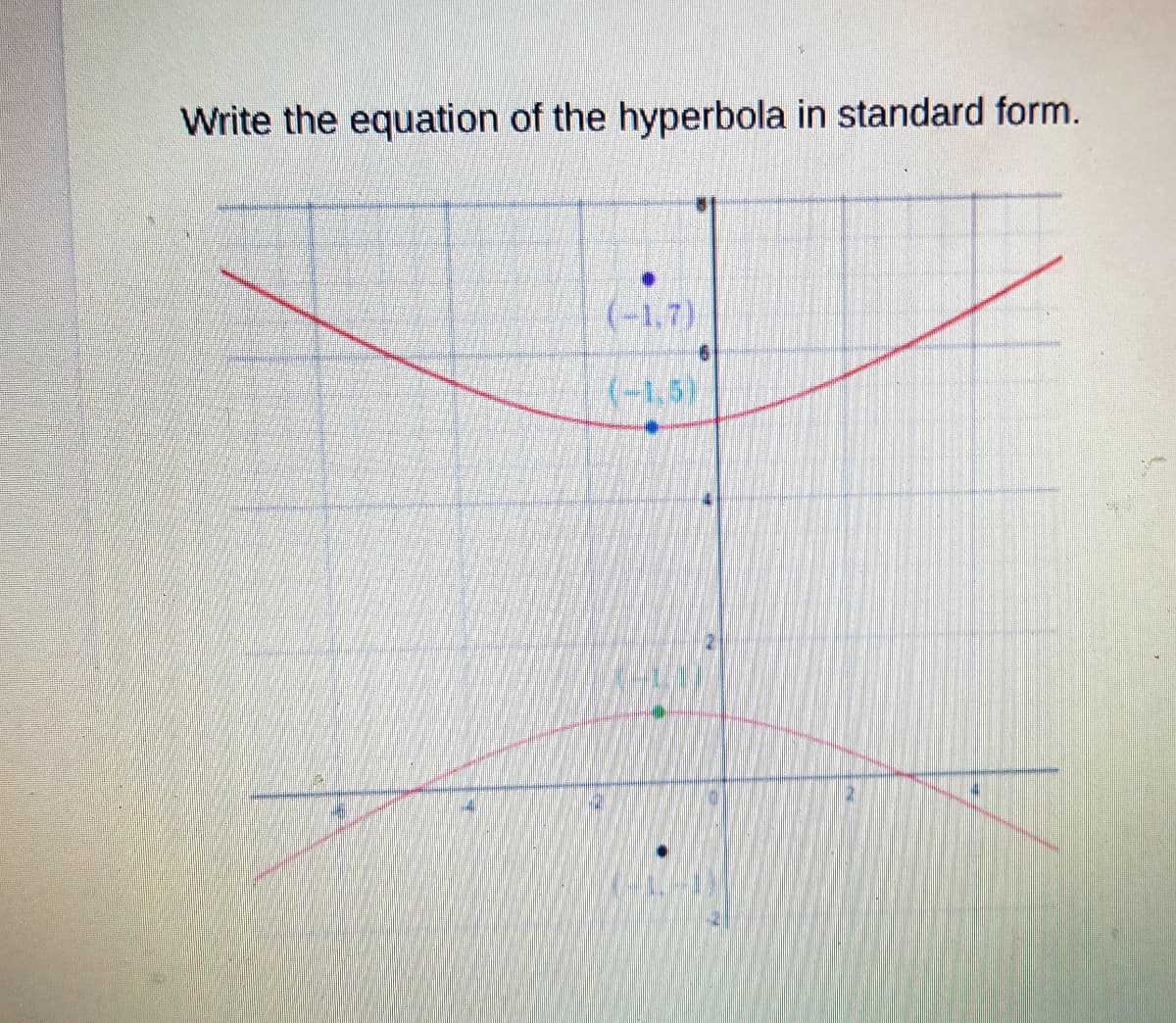 Write the equation of the hyperbola in standard form.
(-1,7).
(-1,5)
