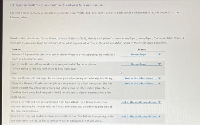 1. Measuring employment, unemployment, and labor force participation
Consider a small econiomy composed of six people: Sean, Yvette, Bob, Cho, Genny, and Enic. Each person's employment status is described in the
following table.
Based on the criteria used by the Bureau of Labor Statestics (BLS), identify each person's status as employed, unemployed, "not in the labor force" (if
not in the ovllan labor force but still part of the adult population), or "not in the aduit population" if not in the ovilian adult population.
Person
Status
Sean is a 25-year-old professional terinis player. When he's not competing, he works as a
Unemployed
coach at a local tennis club.
Yvette is a 42 year-old autoworker who was just laid off by her employer
Unemployed
She is trying to fnd any kind of job to help make ends
meet.
Bob is a 78-year-old retired professor. He enjoys volunteering at the local public library.
Not in the labor force
Ginny is a 26-year old who lost her job as a copy editor for a local newspaper. She has
Not in the labor force
spent the past few weeks out of work and interviewing for other editing jobs. She is
thinking about going back to grad school if her job search doesn't succeed after a few
more weeks.
Eric is a 17 year-old who just graduated from high school. He is taking it easy this
Not in the adult population
summe, relaxing by the pool with his friends and family, and volunteering part-time at
the local nursing home.
Cho is a 10-year-old student at Southside Middle School. She babysits her younger sister
Not in the adult population
and does other chores, so her parents give her an allowance of $25 per week.
