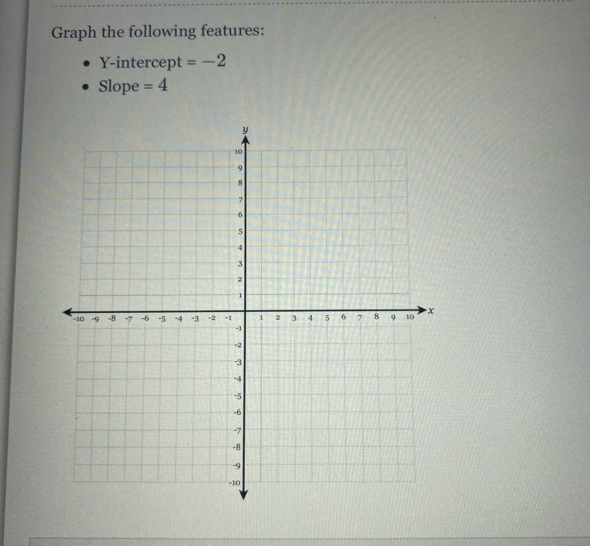 Graph the following features:
• Y-intercept =-2
• Slope = 4
%3D
%3D
y
10
7.
6.
4.
1.
X.
-10 -9
-8
-7
-6
-5
-4
-3
-2
-1
1
2
3
4
6.
9
10
-1
-2
-3
-4
-5
-6
-7
-8
6-
-10
