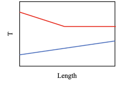 ### Understanding the Graph: Temperature vs. Length

The image depicts a graph that represents the relationship between Temperature (T) and Length. 

#### Axes
- **Y-Axis (Vertical Axis):** Denoted as "T", which represents Temperature.
- **X-Axis (Horizontal Axis):** Labeled as "Length".

#### Lines
- **Red Line:** The red line starts at a higher value on the Temperature (T) axis and decreases with an increase in Length. There is a point where it becomes constant, indicating that after a certain Length, Temperature (T) remains unchanged.
- **Blue Line:** The blue line starts at a lower value on the Temperature (T) axis and increases steadily with an increase in Length.

### Observations:
- **Intersection Point:** Absence of intersection point signifies that two variables (represented by Red and Blue line) do not reach the same Temperature (T) for any given Length.
  
### Educational Insights:
This type of graph can help students understand various relationships between two physical quantities. Here, it exemplifies how Temperature might change with respect to Length in two different scenarios, as represented by the two differently colored lines. This could be applied to scenarios such as material thermal expansion, temperature gradients, or any other context where temperature and length have a relationship. 

### Applications:
Such graphs are essential in fields like physics and engineering where understanding the relationship between two varying quantities informs experiments, design, and theoretical models. This visual representation allows for comparison of two different functions and helps in analyzing trends and behaviors in the context of Temperature and Length.