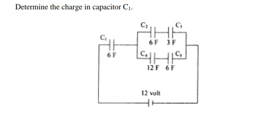 Determine the charge in capacitor C1.
C,
6F 3F
6 F
12 F 6F
12 volt
