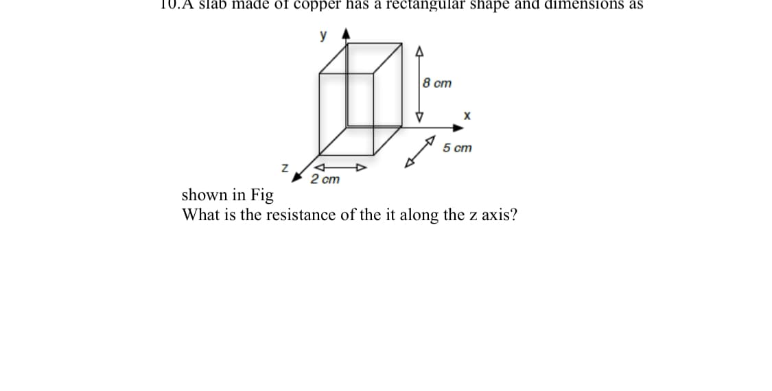 10.A slab made of copper has a rectangular shape and dimensions as
Z
2 cm
8 cm
X
5 cm
shown in Fig
What is the resistance of the it along the z axis?