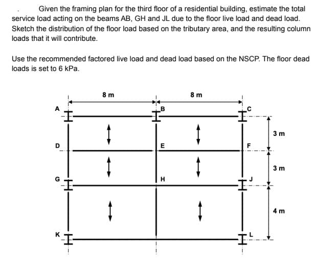 Given the framing plan for the third floor of a residential building, estimate the total
service load acting on the beams AB, GH and JL due to the floor live load and dead load.
Sketch the distribution of the floor load based on the tributary area, and the resulting column
loads that it will contribute.
Use the recommended factored live load and dead load based on the NSCP. The floor dead
loads is set to 6 kPa.
D
G
X
H
8 m
t
1
I
B
E
H
8 m
Î
t
F
-I¹
3 m
3 m
4 m