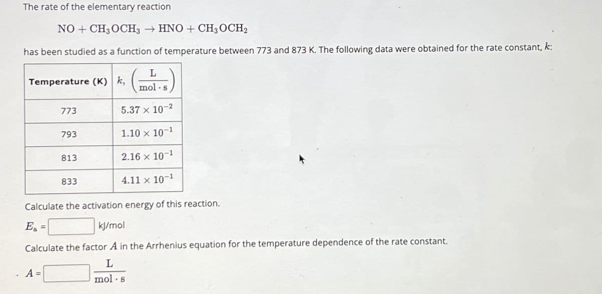 The rate of the elementary reaction
NO + CH3 OCH3 → HNO + CH3 OCH₂
has been studied as a function of temperature between 773 and 873 K. The following data were obtained for the rate constant, k:
Temperature (K) k,
773
793
A =
813
833
L
mol s
5.37 x 10-²
1.10 × 10-¹
2.16 × 10-¹
4.11 x 10-¹
Calculate the activation energy of this reaction.
Ea =
kJ/mol
Calculate the factor A in the Arrhenius equation for the temperature dependence of the rate constant.
L
mol s