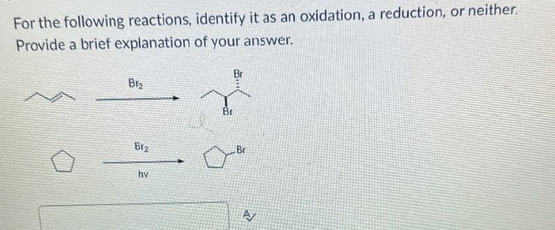 For the following reactions, identify it as an oxidation, a reduction, or neither.
Provide a brief explanation of your answer.
Br₂
Br
Br
B12
221
hv
Br
A