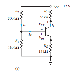 Vcc = 12 V
Rc.
R2
22 k2.
300 k2
VCB
VBE
R1
RE
160 k2
13 k2
(a)
