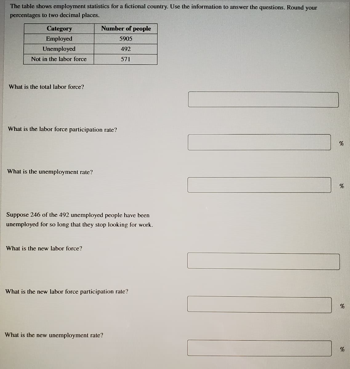 The table shows employment statistics for a fictional country. Use the information to answer the questions. Round your
percentages to two decimal places.
Category
Number of people
Employed
5905
Unemployed
492
Not in the labor force
571
What is the total labor force?
What is the labor force participation rate?
%
What is the unemployment rate?
Suppose 246 of the 492 unemployed people have been
unemployed for so long that they stop looking for work.
What is the new labor force?
What is the new labor force participation rate?
What is the new unemployment rate?
%
