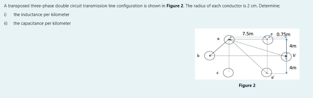 A transposed three-phase double circuit transmission line configuration is shown in Figure 2. The radius of each conductor is 2 cm. Determine;
i)
the inductance per kilometer
ii)
the capacitance per kilometer
7.5m
0.75m
4m
b
K-
b'
4m
Figure 2
