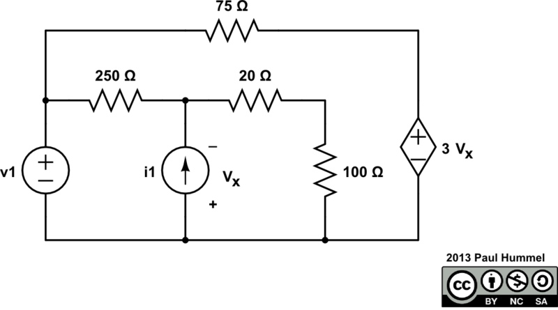 75 Q
250 Q
20 Q
3 Vx
v1
i1
Vx
100 Q
2013 Paul Hummel
BY
NC
SA
(+1
