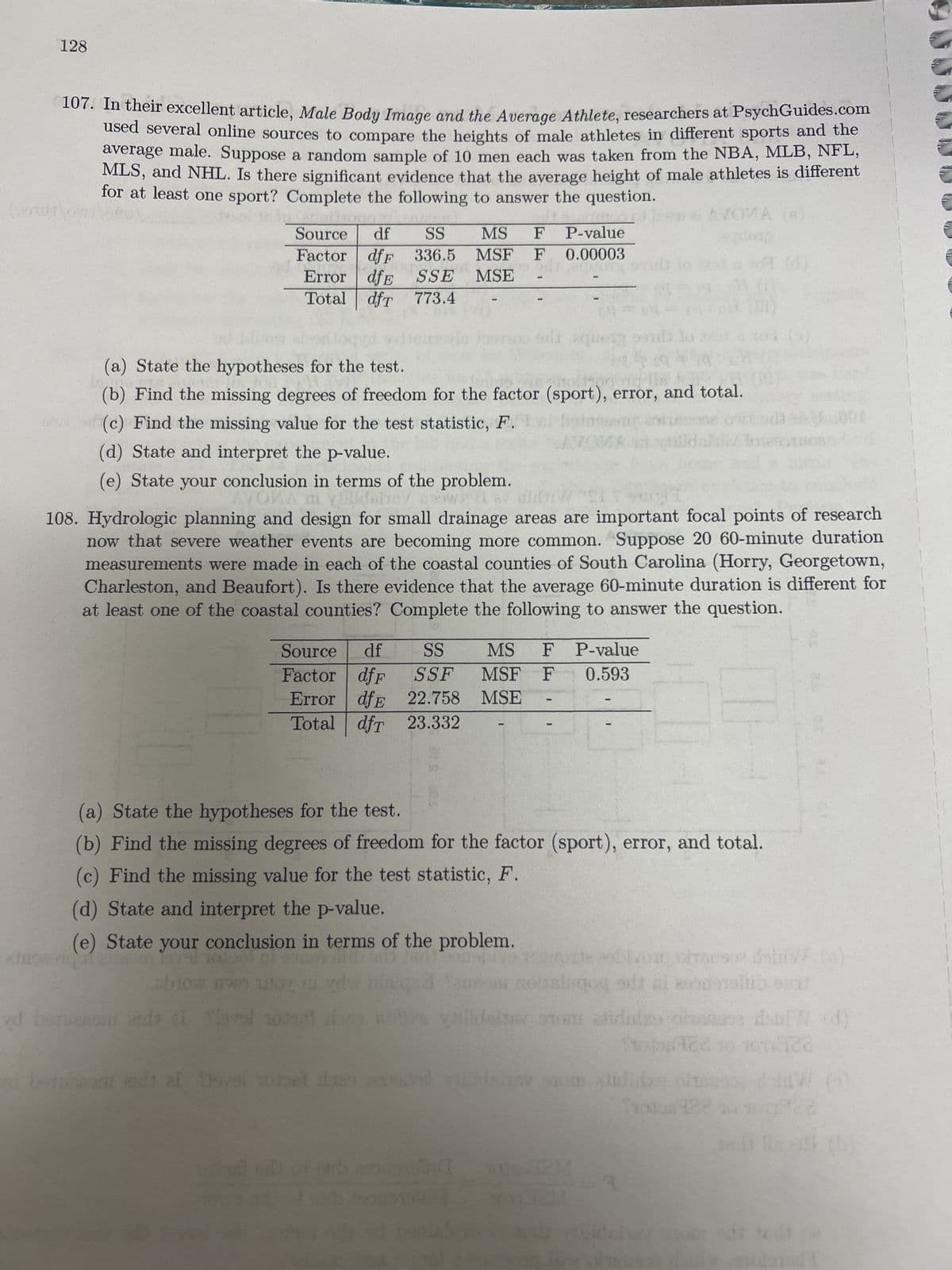 128
107. In their excellent article, Male Body Image and the Average Athlete, researchers at PsychGuides.com
used several online sources to compare the heights of male athletes in different sports and the
average male. Suppose a random sample of 10 men each was taken from the NBA, MLB, NFL,
MLS, and NHL. Is there significant evidence that the average height of male athletes is different
for at least one sport? Complete the following to answer the question.
AVOMA (6)
medios
Source df SS MS F P-value
Factor dfF 336.5 MSF F 0.00003
gisap
Error dfE SSE
SSE MSE
Total dfT 773.4
(a) State the hypotheses for the test.
(b) Find the missing degrees of freedom for the factor (sport), error, and total.
(c) Find the missing value for the test statistic, F.
(d) State and interpret the p-value.
(e) State your conclusion in terms of the problem.
ai ymcshey 4wSFEL AV
108. Hydrologic planning and design for small drainage areas are important focal points of research
now that severe weather events are becoming more common. Suppose 20 60-minute duration
measurements were made in each of the coastal counties of South Carolina (Horry, Georgetown,
Charleston, and Beaufort). Is there evidence that the average 60-minute duration is different for
at least one of the coastal counties? Complete the following to answer the question.
Source df SS MS F P-value
Factor dfF SSF MSF F 0.593
Error df 22.758 MSE
Total dfT 23.332
(a) State the hypotheses for the test.
(b) Find the missing degrees of freedom for the factor (sport), error, and total.
(c) Find the missing value for the test statistic, F.
(d) State and interpret the p-value.
(e) State your conclusion in terms of the problem.
101on1 of 90
obslugo
show nwn
yd beruanomi ads al flaval 201st or th vidert stomatididas
mallia
(11)
90% dotri
nie Bodensitibout
67
ealt
i benchat endt af vel torpet ius nated Eintrav om alfdibes otsu
Trojos
ose non (d)