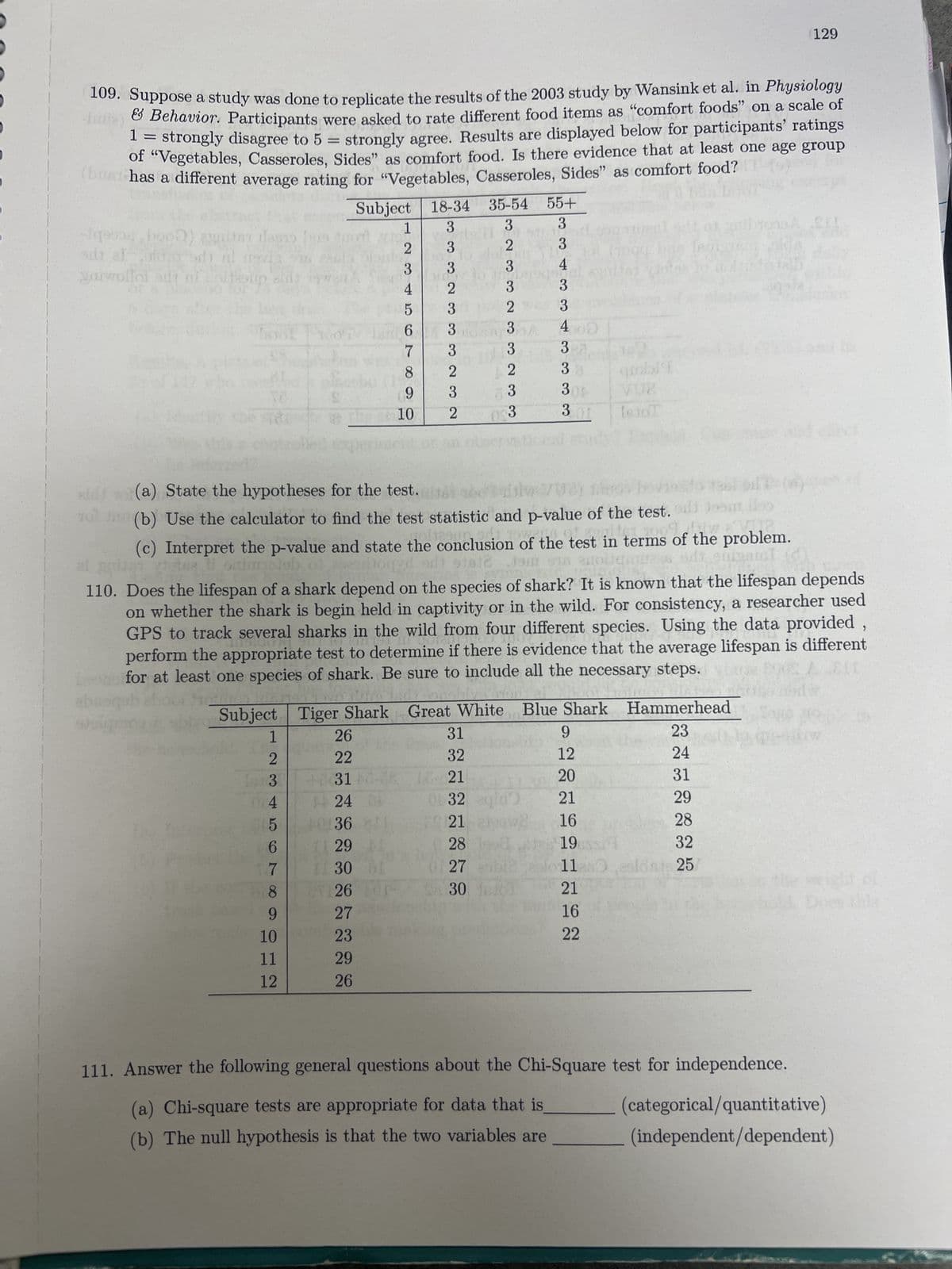 tate an
109. Suppose a study was done to replicate the results of the 2003 study by Wansink et al. in Physiology
& Behavior. Participants were asked to rate different food items as "comfort foods" on a scale of
1 = strongly disagree to 5 = strongly agree. Results are displayed below for participants' ratings
of "Vegetables, Casseroles, Sides" as comfort food. Is there evidence that at least one age group
(brar has a different average rating for "Vegetables, Casseroles, Sides" as comfort food?
ho02) gynitri dago
en bun
odt af id di nl novia ou 235 5
garwollei aut ni coltesup sdt 197
abe
sto
Subject 18-34 35-54 55+
3
3
3
3
3
2
3
3
3
1
2
3
024
5
6
7
18
1
2
3
4
5
6
9
10
11
12
7692
26
22
31
24
36
29
30
26
27
23
29
26
10
2
3
2
2
3
3
2
3 A
3
2
3
3
31
32
21
0132
21
28
27
30
3
4
3
3
400
3
38
(a) State the hypotheses for the test.
tw/9
(b) Use the calculator to find the test statistic and p-value of the test.
Joha our ont Toweit e test in terms of the
(c) Interpret the p-value and state the conclusion of the test in terms of the problem.
omulub of 29
ble.
3o 3o 3o
odt 91812 190 95 2000
na is van de uit
110. Does the lifespan of a shark depend on the species of shark? It is known that the lifespan depends
on whether the shark is begin held in captivity or in the wild. For consistency, a researcher used
GPS to track several sharks in the wild from four different species. Using the data provided,
Sharks in
19100
perform the appropriate test to determine if there is evidence that the average lifespan is different
for at least one species of shark. Be sure to include all the necessary steps.
E
200
gune
Subject Tiger Shark Great White Blue Shark Hammerhead
23
24
31
21
29
16
28
19
32
11 seslost 25
21
16
22
3.0L letoT
QUINT
9
12
20
2
129
yono A SIT
111. Answer the following general questions about the Chi-Square test for independence..
(a) Chi-square tests are appropriate for data that is
(b) The null hypothesis is that the two variables are
(categorical/quantitative)
(independent/dependent)