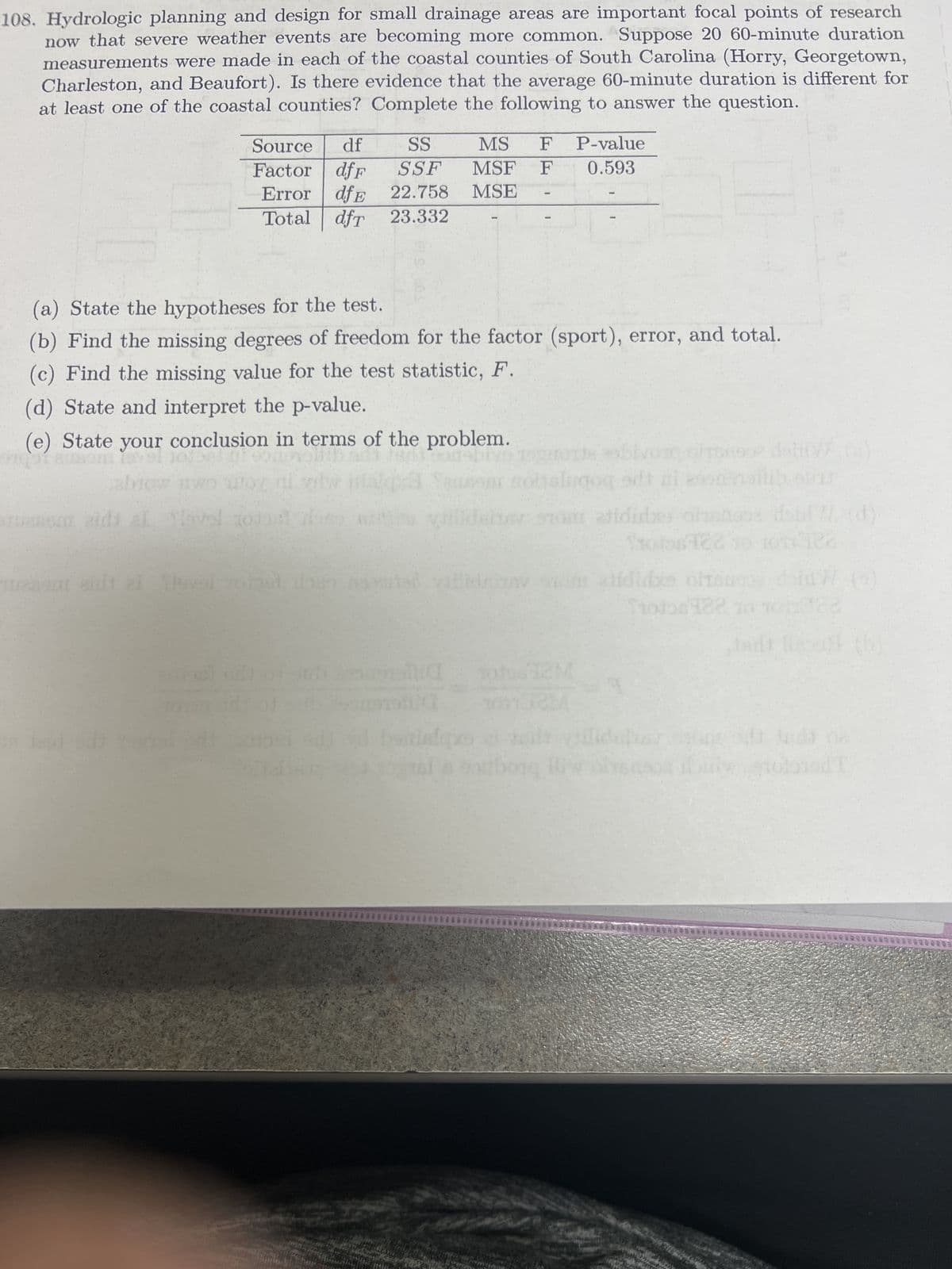 108. Hydrologic planning and design for small drainage areas are important focal points of research
now that severe weather events are becoming more common. Suppose 20 60-minute duration
measurements were made in each of the coastal counties of South Carolina (Horry, Georgetown,
Charleston, and Beaufort). Is there evidence that the average 60-minute duration is different for
at least one of the coastal counties? Complete the following to answer the question.
11
Source df
Factor dfF
Error dfe
E
Total dfr
(a) State the hypotheses for the test.
(b) Find the missing degrees of freedom for the factor (sport), error, and total.
(c) Find the missing value for the test statistic, F.
(d) State and interpret the p-value.
(e) State your conclusion in terms of the problem.
911 RS
oilih ant
ervansot aids al flavel 101st
SS MS F P-value
SSF MSF F 0.593
22.758 MSE
23.332
uit al Tivol toet
ted
atid
odos 182