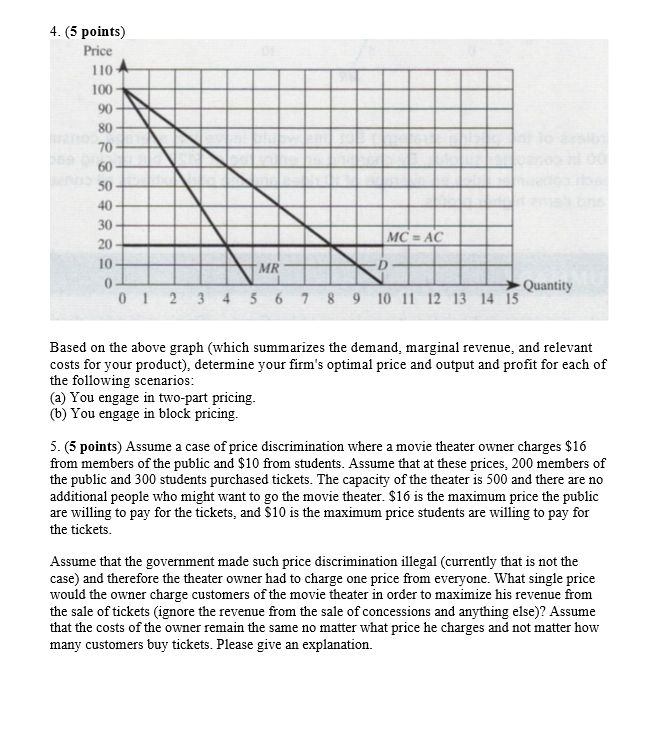 4. (5 points)
Price
110-
100-
90
80-
70
60
50
40
30
20-
10
0.
MR
MC=AC
Quantity
00
0 1 2 3 4 5 6 7 8 9 10 11 12 13 14 15
Based on the above graph (which summarizes the demand, marginal revenue, and relevant
costs for your product), determine your firm's optimal price and output and profit for each of
the following scenarios:
(a) You engage in two-part pricing.
(b) You engage in block pricing.
5. (5 points) Assume a case of price discrimination where a movie theater owner charges $16
from members of the public and $10 from students. Assume that at these prices, 200 members of
the public and 300 students purchased tickets. The capacity of the theater is 500 and there are no
additional people who might want to go the movie theater. $16 is the maximum price the public
are willing to pay for the tickets, and $10 is the maximum price students are willing to pay for
the tickets.
Assume that the government made such price discrimination illegal (currently that is not the
case) and therefore the theater owner had to charge one price from everyone. What single price
would the owner charge customers of the movie theater in order to maximize his revenue from
the sale of tickets (ignore the revenue from the sale of concessions and anything else)? Assume
that the costs of the owner remain the same no matter what price he charges and not matter how
many customers buy tickets. Please give an explanation.