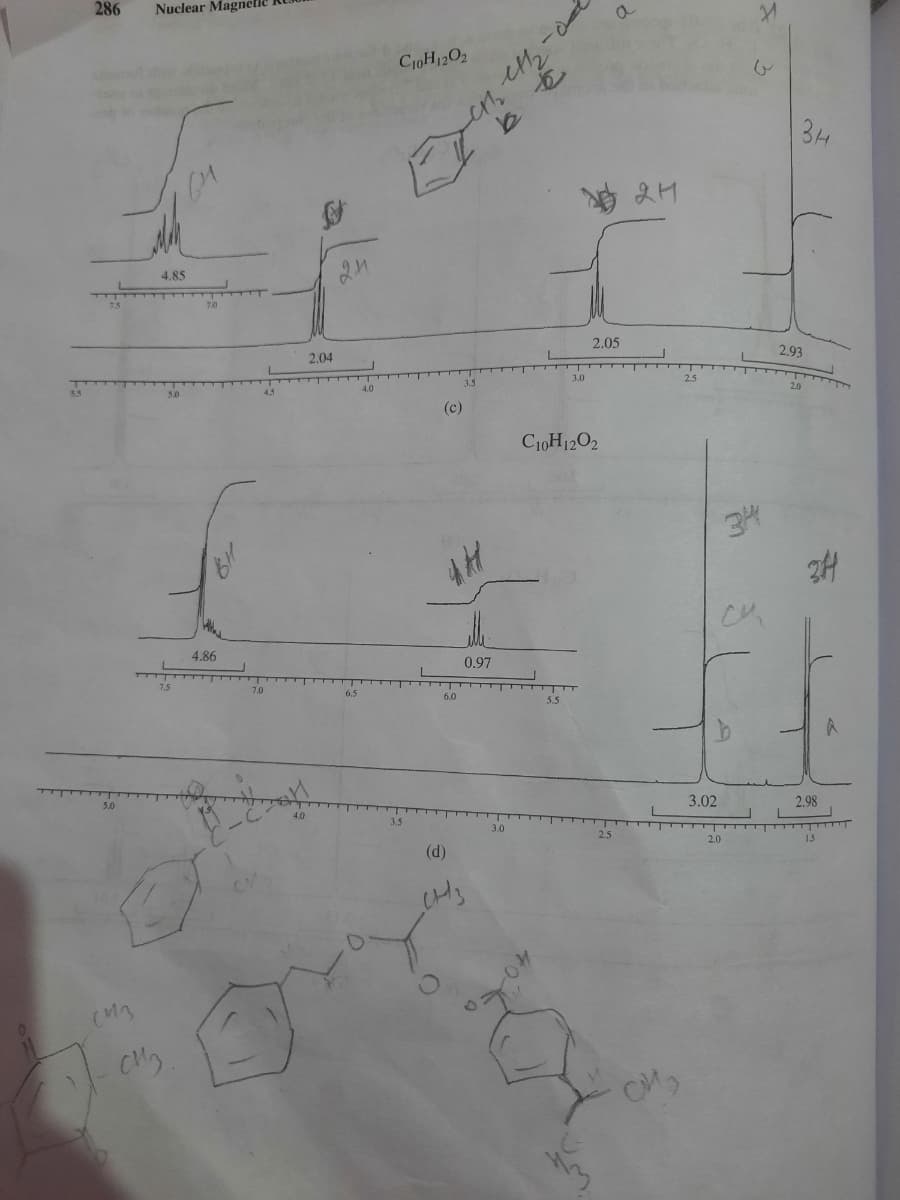 286
Nuclear Magnelle
C10H12O2
3H
24
2n
4.85
7.0
2.05
2,93
2.04
3.0
2.5
(c)
C10H1202
34
4.86
0.97
7.5
7.0
6.5
6.0
5.5
3.02
2.98
2.5
2.0
13
(d)
CM2
