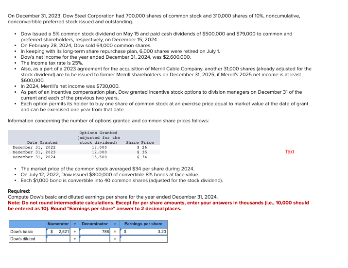 On December 31, 2023, Dow Steel Corporation had 700,000 shares of common stock and 310,000 shares of 10%, noncumulative,
nonconvertible preferred stock issued and outstanding.
• Dow issued a 5% common stock dividend on May 15 and paid cash dividends of $500,000 and $79,000 to common and
preferred shareholders, respectively, on December 15, 2024.
• On February 28, 2024, Dow sold 64,000 common shares.
• In keeping with its long-term share repurchase plan, 6,000 shares were retired on July 1.
• Dow's net income for the year ended December 31, 2024, was $2,600,000.
• The income tax rate is 25%.
• Also, as a part of a 2023 agreement for the acquisition of Merrill Cable Company, another 31,000 shares (already adjusted for the
stock dividend) are to be issued to former Merrill shareholders on December 31, 2025, if Merrill's 2025 net income is at least
$600,000.
• In 2024, Merrill's net income was $730,000.
• As part of an incentive compensation plan, Dow granted incentive stock options to division managers on December 31 of the
current and each of the previous two years.
•
Each option permits its holder to buy one share of common stock at an exercise price equal to market value at the date of grant
and can be exercised one year from that date.
Information concerning the number of options granted and common share prices follows:
Date Granted
December 31, 2022
December 31, 2023
December 31, 2024
Options Granted
(adjusted for the
stock dividend)
17,000
12,000
15,500
• The market price of the common stock averaged $34 per share during 2024.
• On July 12, 2022, Dow issued $800,000 of convertible 8% bonds at face value.
• Each $1,000 bond is convertible into 40 common shares (adjusted for the stock dividend).
Required:
Compute Dow's basic and diluted earnings per share for the year ended December 31, 2024.
Dow's basic
Dow's diluted
Numerator
$ 2,521
Share Price
$ 26
$ 35
$ 34
Note: Do not round intermediate calculations. Except for per share amounts, enter your answers in thousands (i.e., 10,000 should
be entered as 10). Round "Earnings per share" answer to 2 decimal places.
Denominator
788 =
Text
Earnings per share
3.20