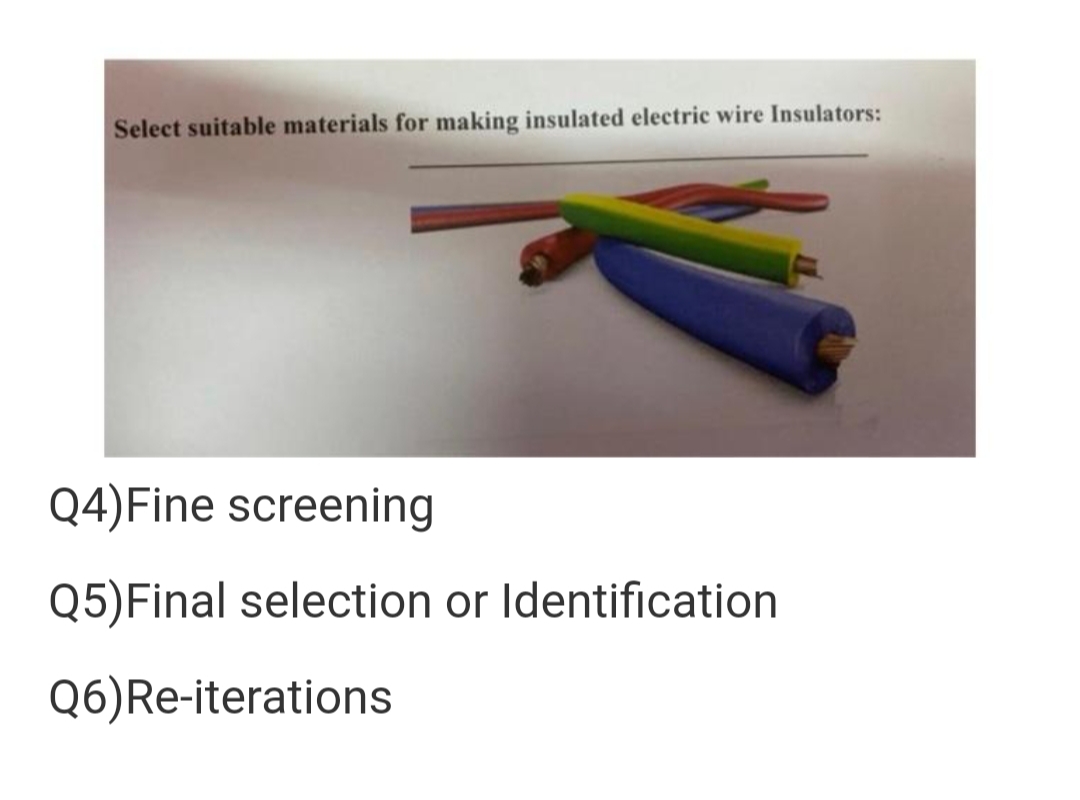 Select suitable materials for making insulated electric wire Insulators:
Q4)Fine screening
Q5)Final selection or Identification
Q6)Re-iterations
