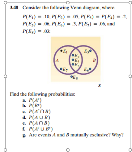 3.48 Consider the following Venn diagram, where
P(E1) = .10, P(E2) = .05, P(E3) = P(E4) = .2,
P(Es) = .06, P(E6) = .3, P(E,) = .06, and
P(Es) = .03:
E
OE2
A
B
OES
E
OES
Find the following probabilities:
а. Р(4)
b. P(B“)
c. P(A°NB)
d. P(A U B)
e. P(ANB)
f. P(AU B")
g. Are events A and B mutually exclusive? Why?
