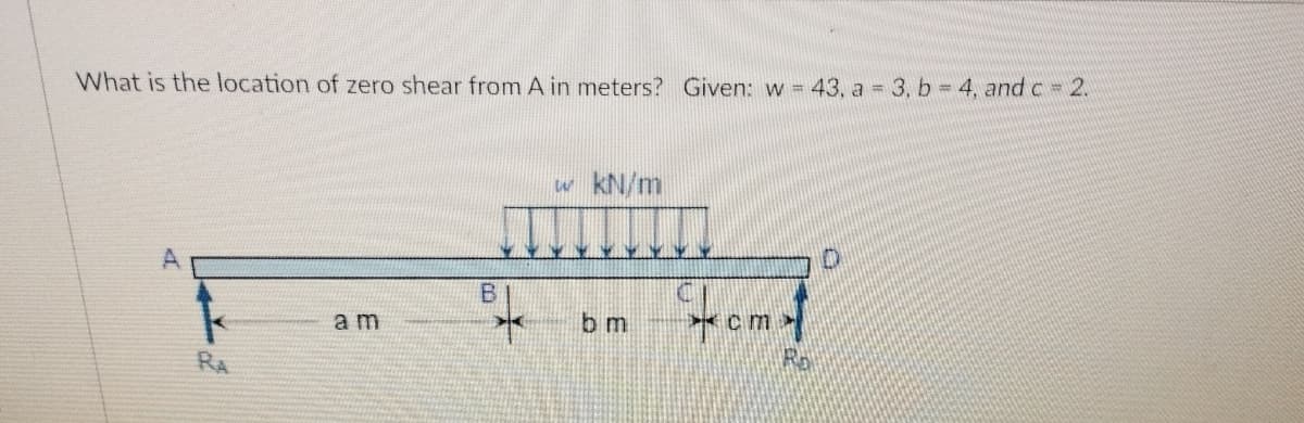 What is the location of zero shear from A in meters? Given: w = 43, a 3, b = 4, and c 2.
w kN/m
A.
B.
a m
b m
RA
Ro
