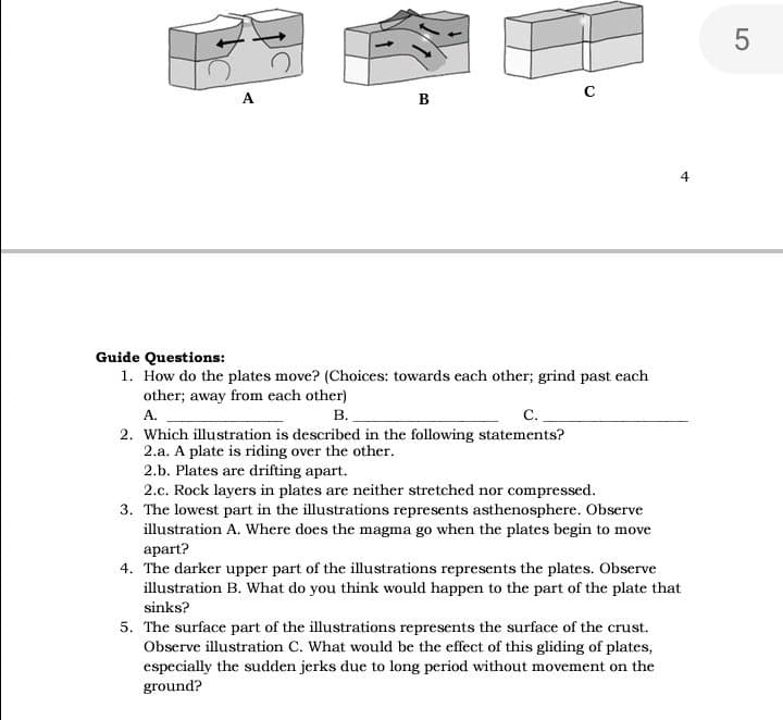 А
B
4
Guide Questions:
1. How do the plates move? (Choices: towards each other; grind past each
other; away from each other)
А.
2. Which illustration is described in the following statements?
2.a. A plate is riding over the other.
2.b. Plates are drifting apart.
2.c. Rock layers in plates are neither stretched nor compressed.
3. The lowest part in the illustrations represents asthenosphere. Observe
illustration A. Where does the magma go when the plates begin to move
apart?
4. The darker upper part of the illustrations represents the plates. Observe
illustration B. What do you think would happen to the part of the plate that
В.
С.
sinks?
5. The surface part of the illustrations represents the surface of the crust.
Observe illustration C. What would be the effect of this gliding of plates,
especially the sudden jerks due to long period without movement on the
ground?
LO
