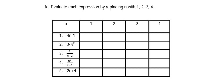 A. Evaluate each expression by replacing n with 1, 2, 3, 4.
1
3
4
1. 4n-1
2. 3-n?
1
3.
n-2
n2
4.
n-1
5. 2n+4
