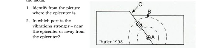 1. Identify from the picture
where the epicenter is.
2. In which part is the
vibrations stronger – near
the epicenter or away from
the epicenter?
DA )
Butler 1995
