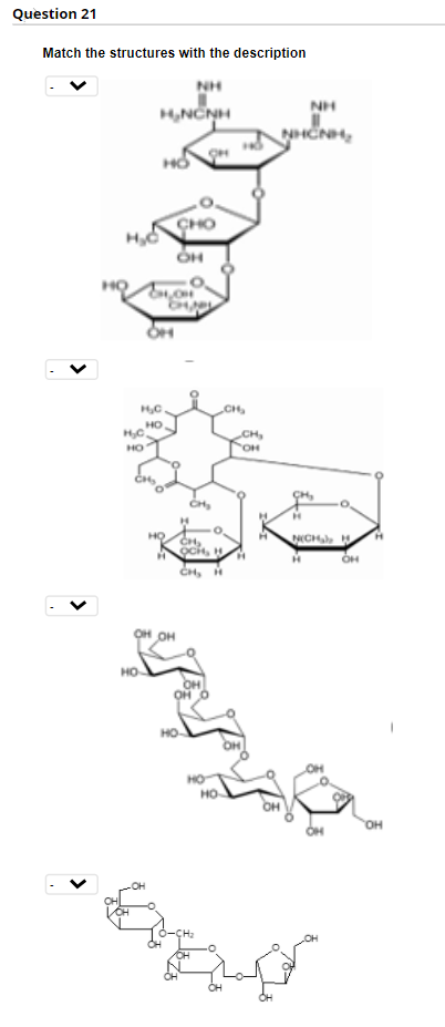 Question 21
Match the structures with the description
NH
NH
CHO
CH
HO
CH,
HO
HỌ
CH,
NICH
H.
ocit,
CH,
он он
HO
но-
HO
HO
он
CH2
OH
>
