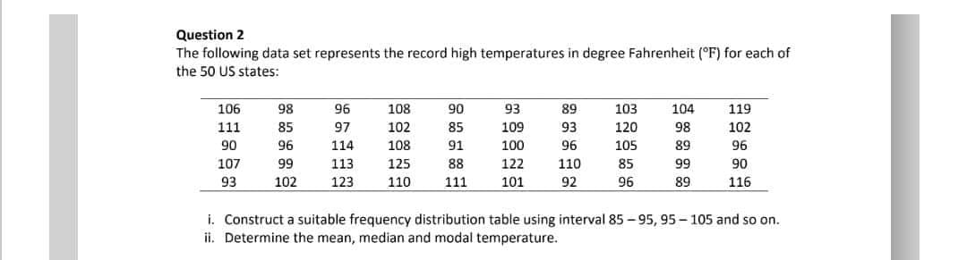 Question 2
The following data set represents the record high temperatures in degree Fahrenheit (°F) for each of
the 50 US states:
106
98
96
108
90
93
89
103
104
119
111
85
97
102
85
109
93
120
98
102
90
96
114
108
91
100
96
105
89
96
107
99
113
125
88
122
110
85
99
90
93
102
123
110
111
101
92
96
89
116
i. Construct a suitable frequency distribution table using interval 85 - 95, 95-105 and so on.
ii. Determine the mean, median and modal temperature.
