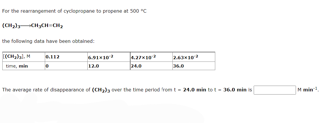 For the rearrangement of cyclopropane to propene at 500 °C
(CH2)3CH3CH=CH2
the following data have been obtained:
[(CH2)3], M
0.112
6.91x10-2
4.27x10-2
2.63x10-2
time, min
12.0
24.0
36.0
The average rate of disappearance of (CH2)3 over the time period from t = 24.0 min to t = 36.0 min is
M min 1.
